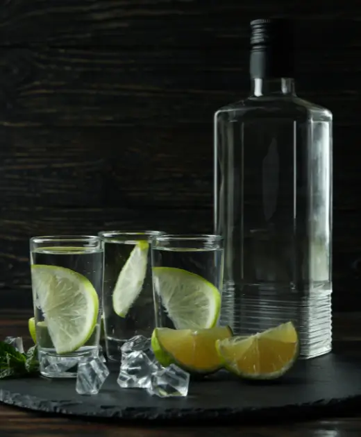 Chilled vodka shots with lime wedges and ice cubes served on a slate tray at Osiris Club bar.