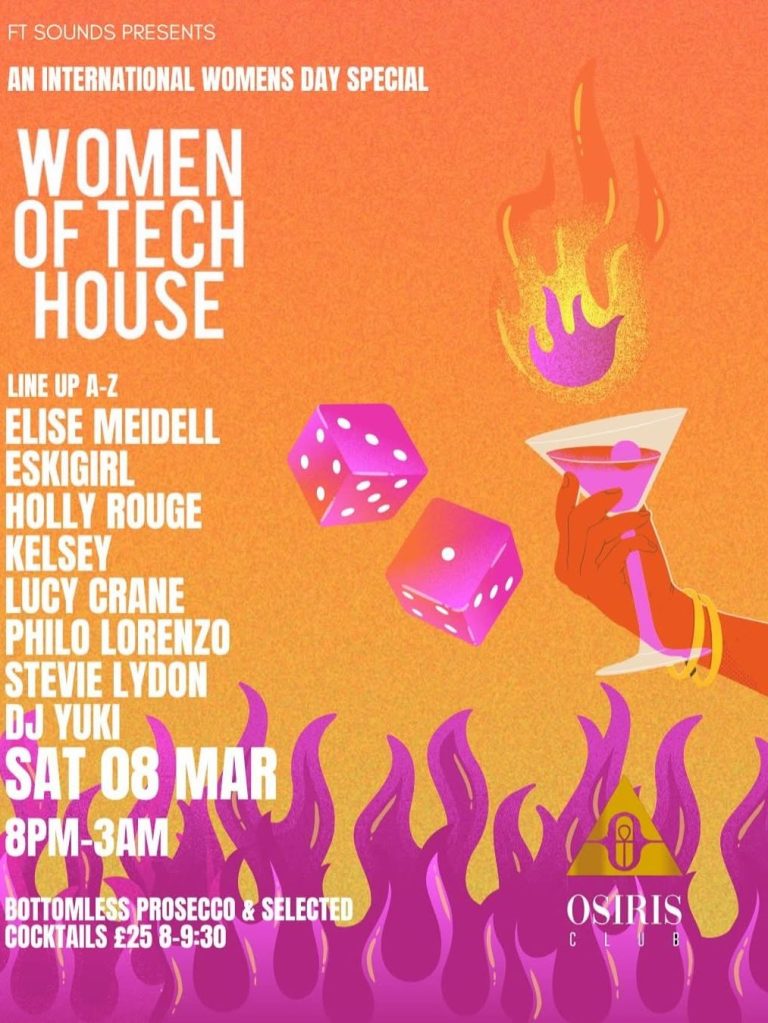 Women of Tech House event poster for International Women’s Day at Osiris Club Stanmore featuring top DJs and nightlife celebration.