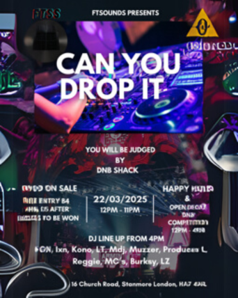 Osiris Club event poster for ‘Can You Drop It’ featuring DJs, DnB Shack judging, open decks competition, happy hour, and live DJ lineup on March 22, 2025, in Stanmore, London.
